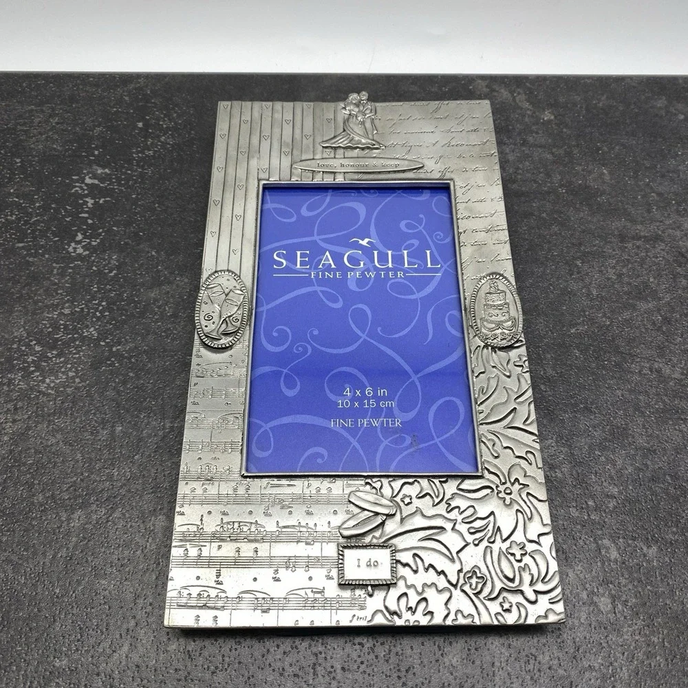 New Seagull Fine Pewter 4x6 Photo Frame Marriage Wedding Cake Champagne Glasses
